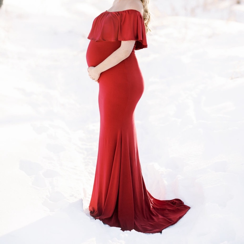 PinkBlush Burgundy Ruffle Off Shoulder Mermaid Maternity Gown/Dress Medium